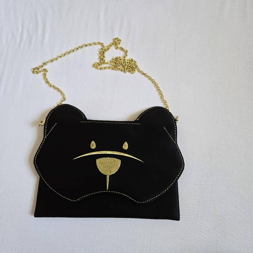 BCBGMAXAZRIA French Bulldog Bear(?) Clutch Shoulderbag Black Gold Metallic Cute